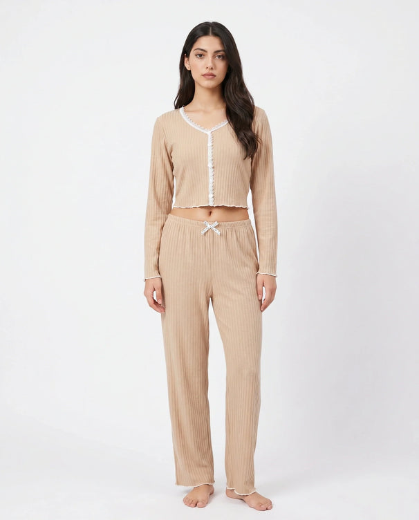 Sajiero Cotton PJ Set - Midnight Comfort - Beige