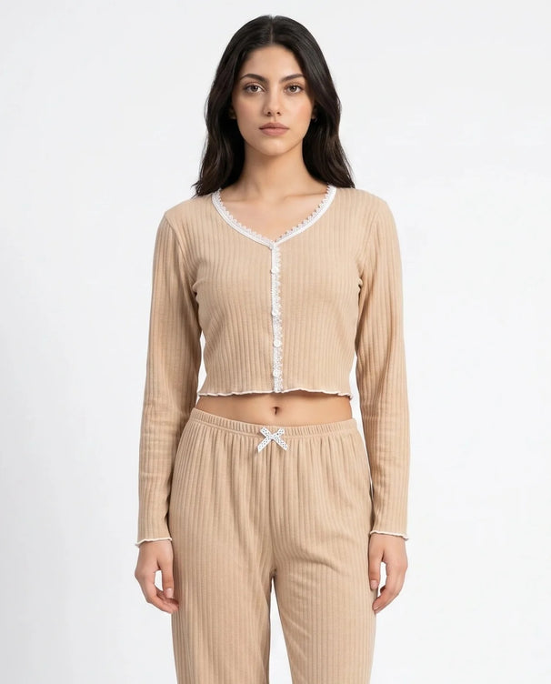 Sajiero Cotton PJ Set - Midnight Comfort - Beige