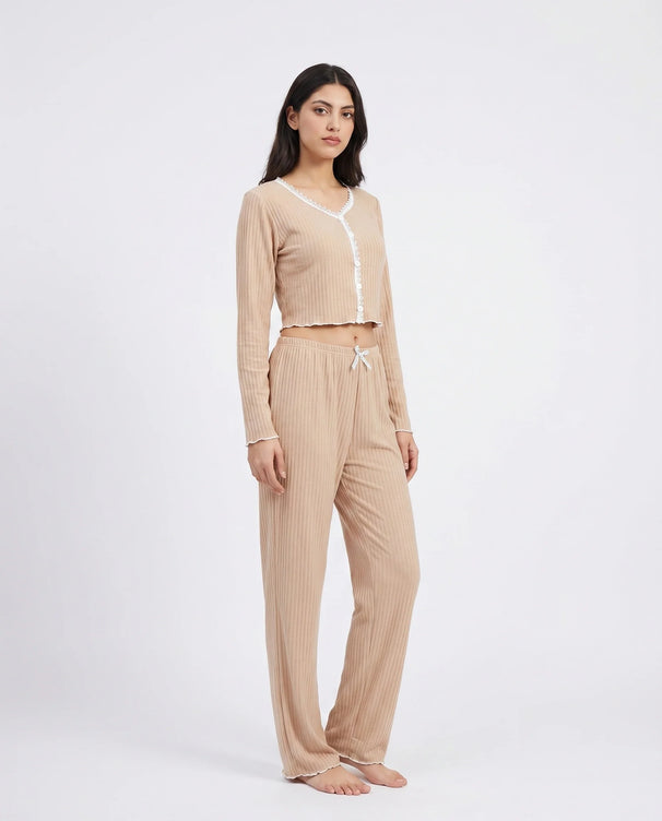 Sajiero Cotton PJ Set - Midnight Comfort - Beige
