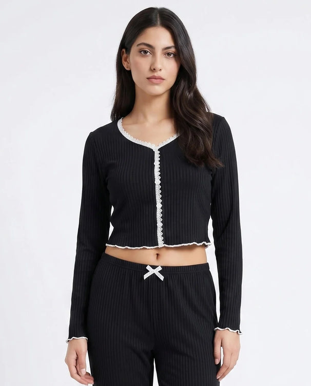Sajiero Cotton PJ Set - Midnight Comfort - Black