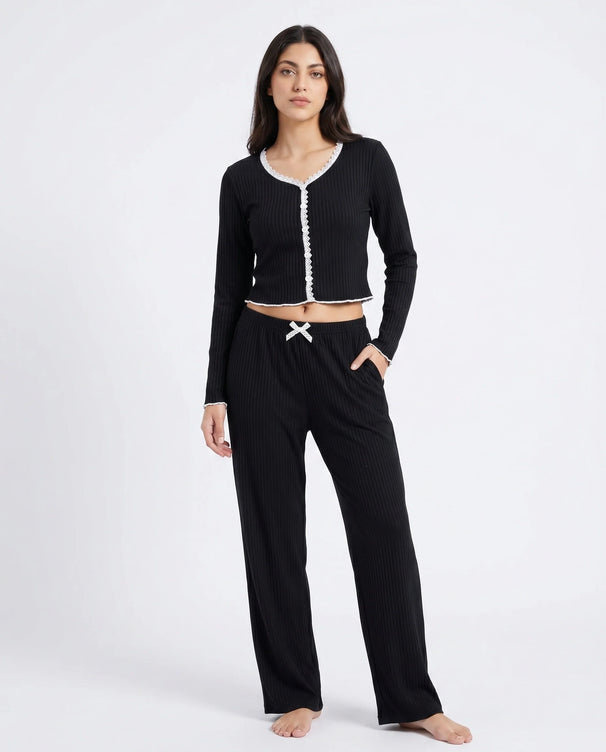 Sajiero Cotton PJ Set - Midnight Comfort - Black
