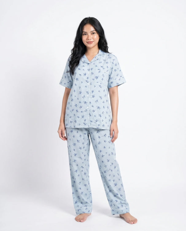 Sajiero Linen Pajama Suit - Floren - Sky Blue