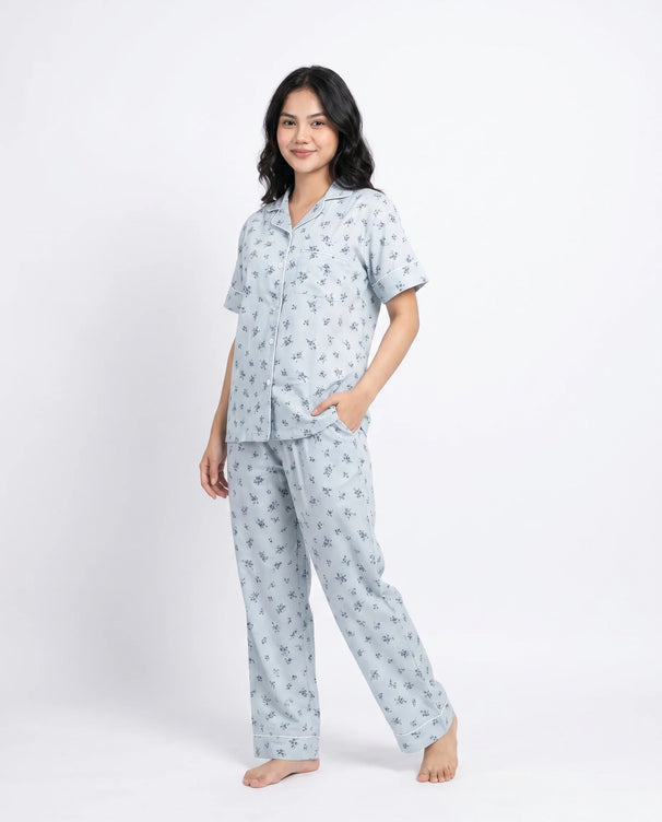 Sajiero Linen Pajama Suit - Floren - Sky Blue