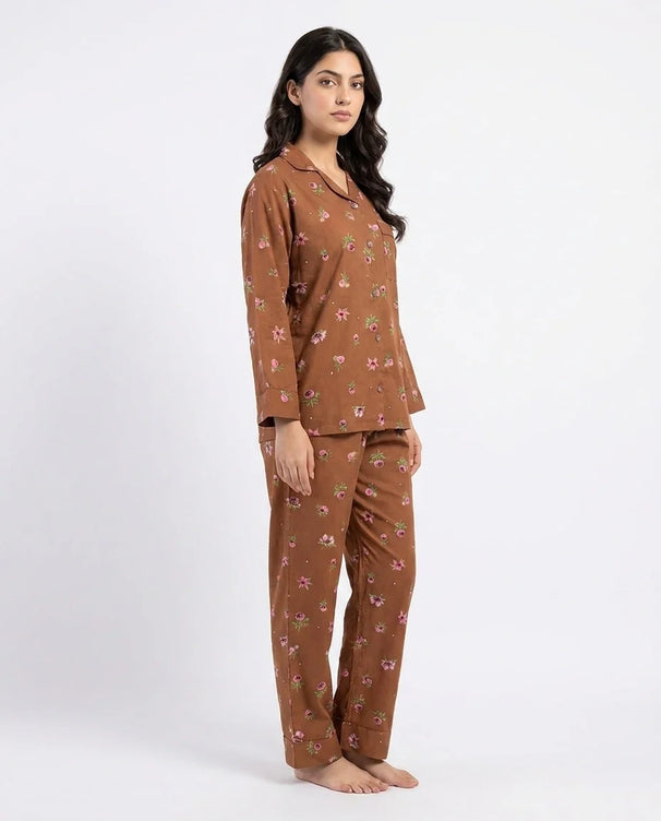 Sajiero Linen Pajama Suit - Mocha Flora