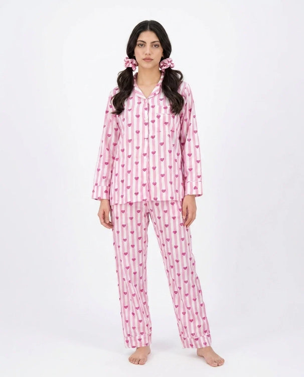 Sajiero Linen Pajama Suit - Heart Stripe