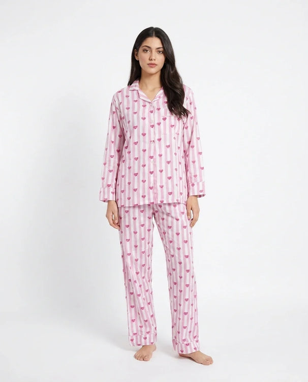 Sajiero Linen Pajama Suit - Heart Stripe