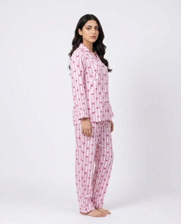 Sajiero Linen Pajama Suit - Heart Stripe