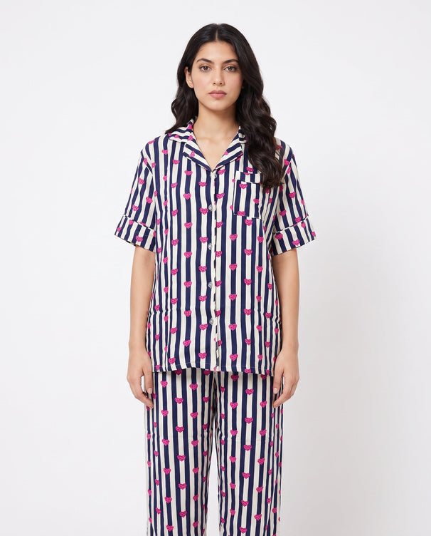 Sajiero Linen Pajama Suit - Midnight Stripe