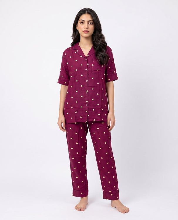 Sajiero Linen Pajama suit - Plum Heart
