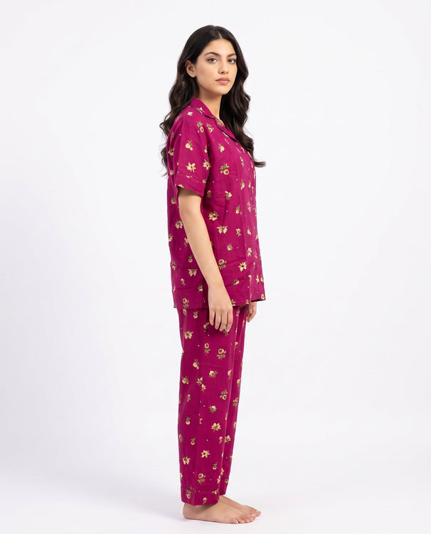 Sajiero Linen Pajama Suit - Crimson Flora