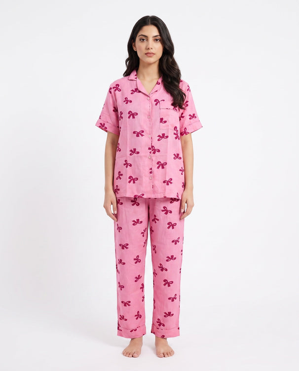 Sajiero Linen Pajama Suit - Bow Blush