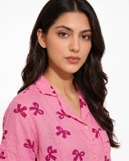 Sajiero Linen Pajama Suit - Bow Blush
