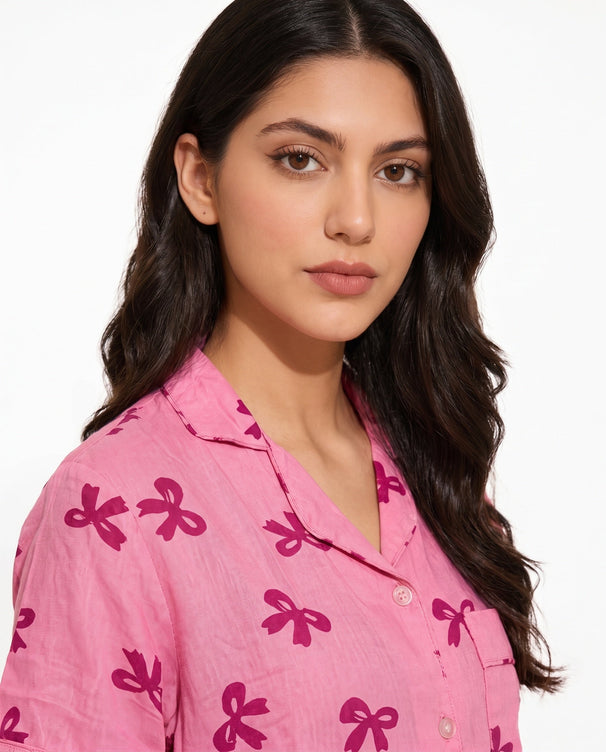Sajiero Linen Pajama Suit - Bow Blush