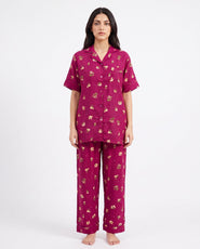 Sajiero Linen Pajama Suit - Crimson Flora