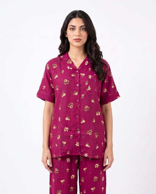 Sajiero Linen Pajama Suit - Crimson Flora