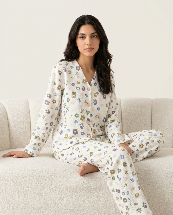 Sajiero Summer Crinkled Pajama Suit - Pastel Bloom