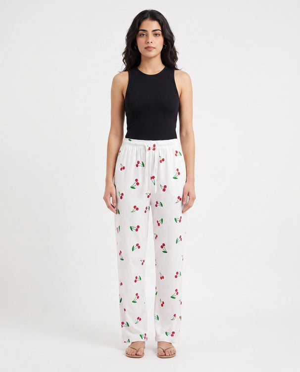 Sajiero Cotton Trouser - Cherry Daze - White