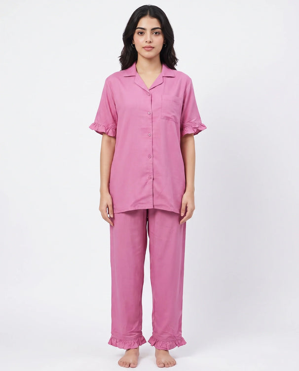 Sajiero Half Sleeves PJ Set - Linen Comfort - Pink