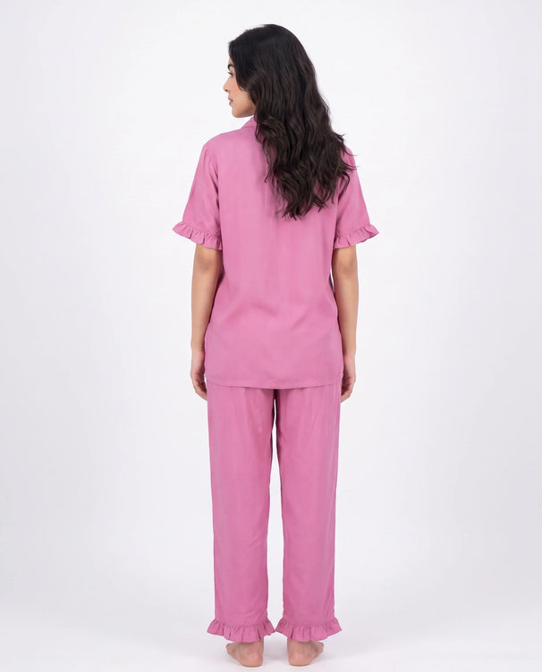 Sajiero Half Sleeves PJ Set - Linen Comfort - Pink