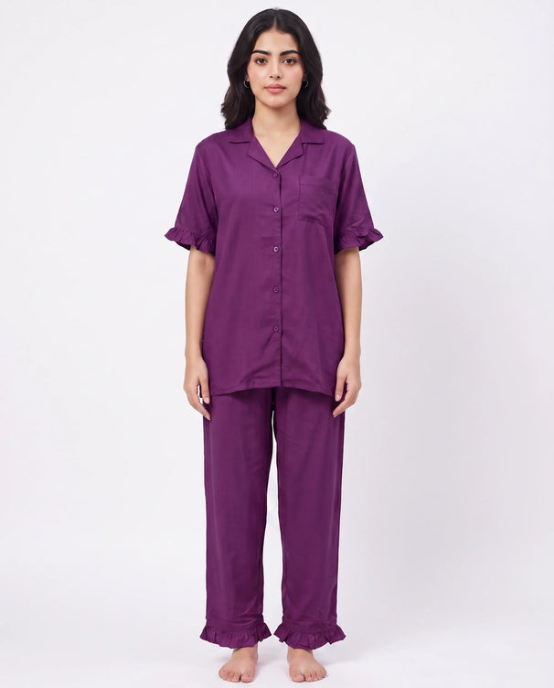 Sajiero Half Sleeves PJ Set - Linen Comfort - Purple