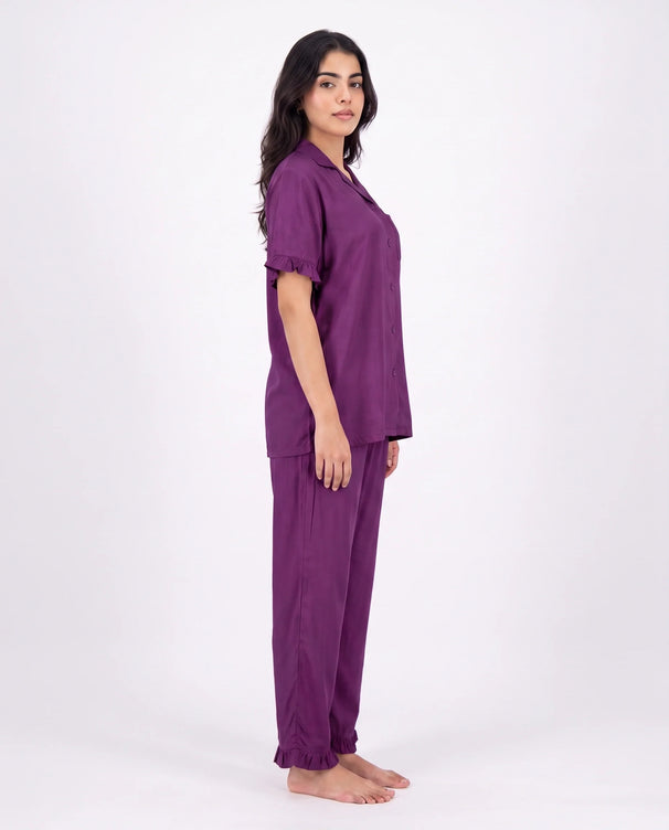 Sajiero Half Sleeves PJ Set - Linen Comfort - Purple