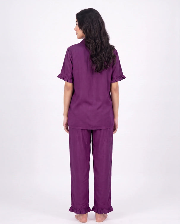 Sajiero Half Sleeves PJ Set - Linen Comfort - Purple
