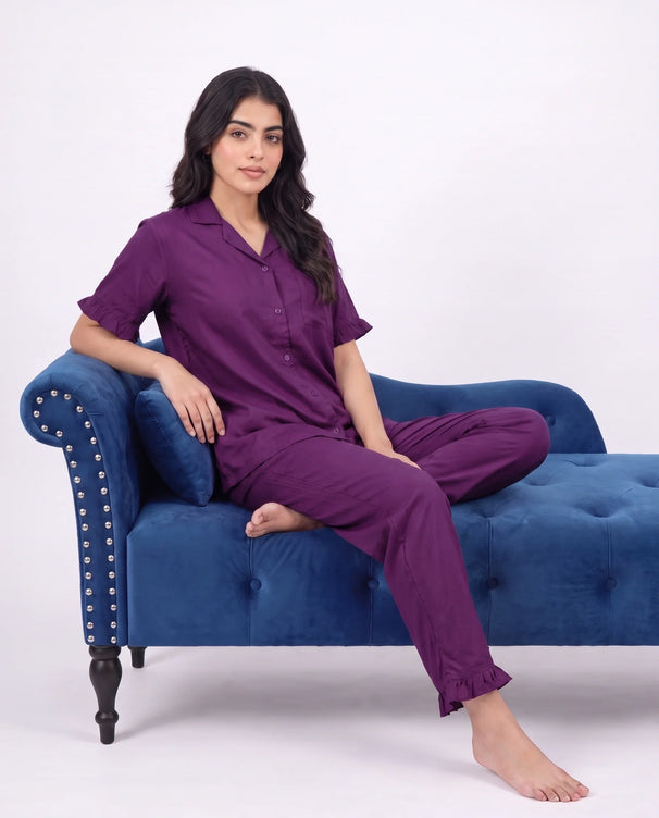 Sajiero Half Sleeves PJ Set - Linen Comfort - Purple