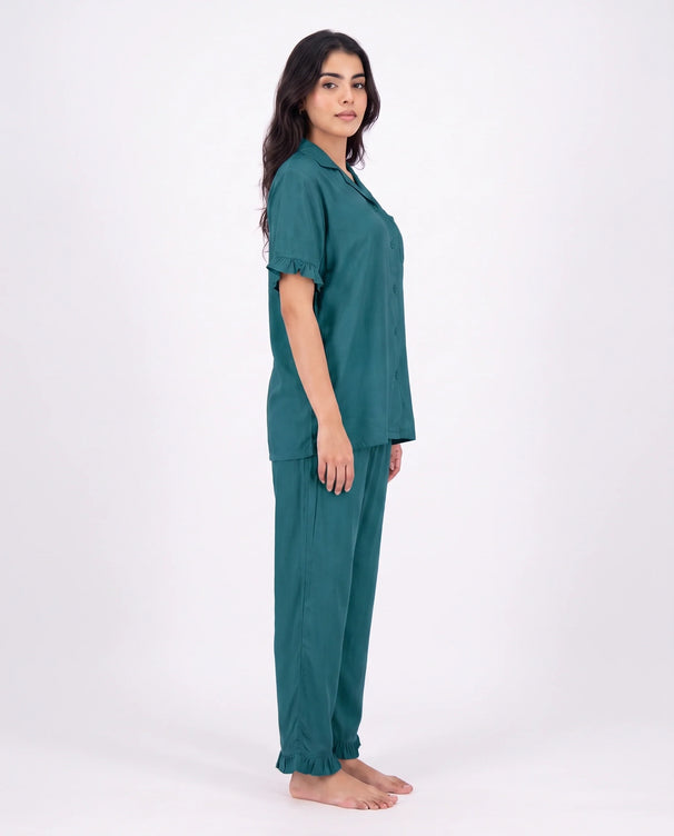 Sajiero Half Sleeves PJ Set - Linen Comfort - Sea Green