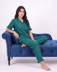 Sajiero Half Sleeves PJ Set - Linen Comfort - Sea Green