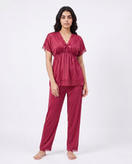 Sajiero Silk PJ Set - Ethra - Maroon