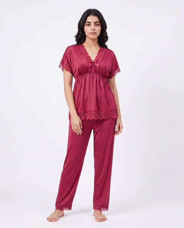 Sajiero Silk PJ Set - Ethra - Maroon