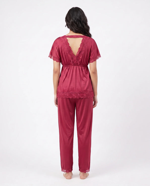 Sajiero Silk PJ Set - Ethra - Maroon