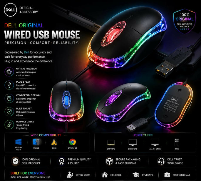Dell Original Wired USB RGB Optical Mouse High Precision 1000 DP