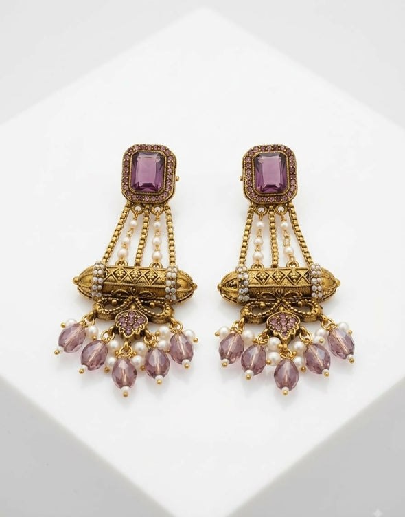 Elegant Turkish Manjus Long Drop Earrings for Women - Traditional Antique Style Filigree Hanging Earrings with Pearl Accents