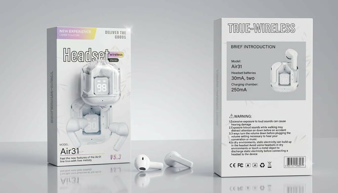 Air31 TWS Wireless Bluetooth Earbuds Transparent LED Display Charging Case V5.3 Headset White