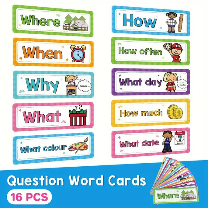 Educational Flashcards 16-Pcs English Grammar Question Words Paper Material Classroom Decor Teacher Teaching Aids School Supplies for Kindergarten