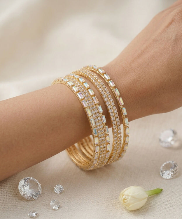 Elegant Baguette & Micro-Pave Zircon Bangles Set for Women - Sparkling Multi-Row Crystal Bracelet Set
