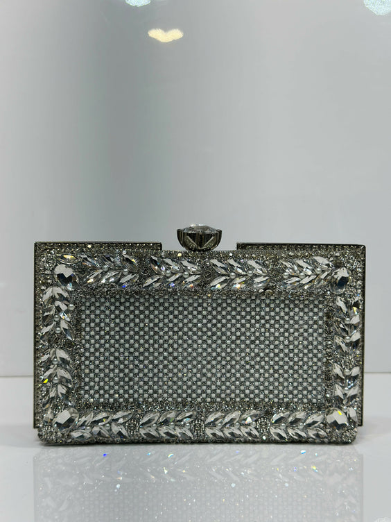 Floral Crystal Bordered Hard Case Clutch Bag for Women - Elegant Formal Evening & Party Purse