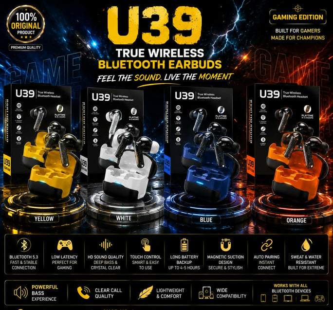 ORIGINAL U39 Gaming Earbuds Bluetooth 5.3 Wireless Headphones - Low Latency True Wireless TWS - Deep Bass Sound, 5H Battery, Touch Control, Sweatproof Earphones With Mic Works With All Devices