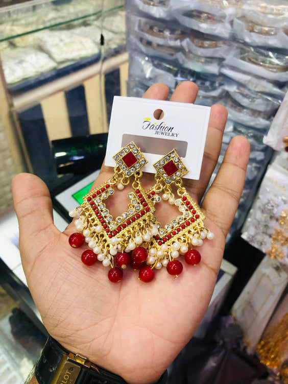 Pair of Elegant Geometric Kundan Square Drop Earrings
