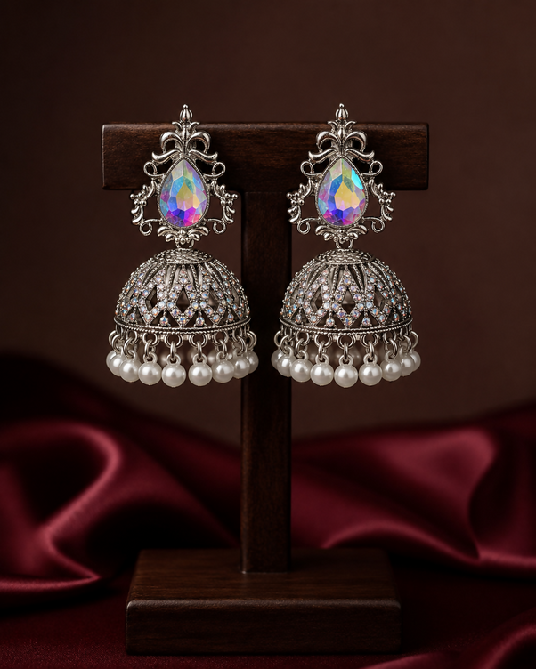 Rainbow Crystal AB Stone Oxidized Jhumka
