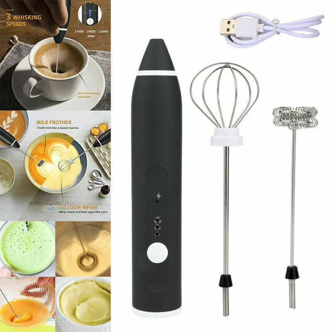 2 in 1 USB Rechargeable Milk Frother & Coffee Beater with 2 Stainless Steel Whisk Heads – Handheld Electric Egg Whisk, Latte Foamer and Drink Mixer