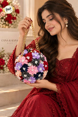 Trendy Floral Potli Style Round Evening Bag for Women - Elegant Wedding & Party Wear Embellished Handbag