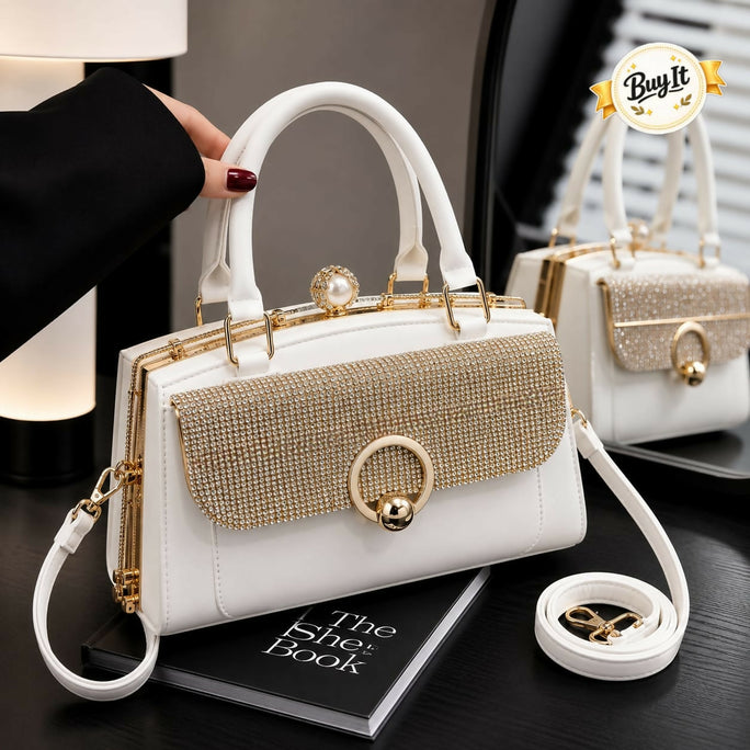 Chic Rhinestone Flap Medium Frame Handbag for Women & Girls - PU Leather Shoulder Bag with Top Clasp