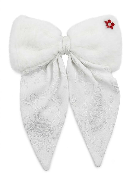 White Plush Fur Hair Bow Clip for Women & Girls | Off White Velvet Floral Ribbon Hair Barrette | Soft Winter Hair Accessories for Wedding, Party & Casual Wear