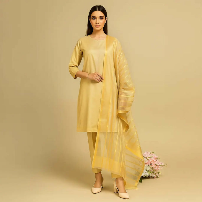 3 Pieces Unstitched Katan Silk Plain Shirt & Trouser With Organza Lining Dupatta For Womens & Girls
