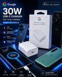 Google 30W USB-C Fast Charger Power Adapter, Ultra Compact Travel Ready Wall Charger with Built-in Safety Protection, Universal Compatibility for iPhone 15/14/13, iPad, MacBook, OnePlus, & Android Phones