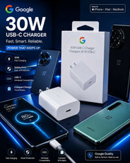 Google 30W USB-C Fast Charger Power Adapter, Ultra Compact Travel Ready Wall Charger with Built-in Safety Protection, Universal Compatibility for iPhone 15/14/13, iPad, MacBook, OnePlus, & Android Phones