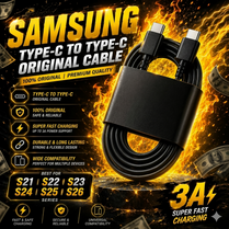 Samsung Original Type C To Type C Cable 3A Super Fast Charging Cable Data Sync Cord Wire [100% Original Premium Quality] Heavy Duty Charging Cable For Samsung Galaxy S21 S22 S23 S24 S25 S26 Ultra Plus Note Series & All Type-C Devices