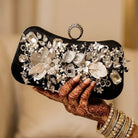 Milli Legacy Velvet Floral Evening Clutch With Pearl Embellishments For Women